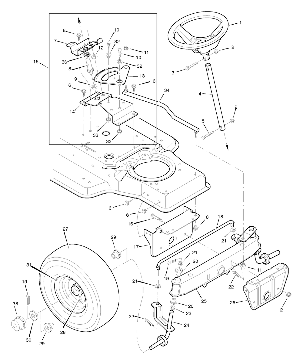 Steering Diagram and Parts List for 40706A 1996 Briggs and Stratton Lawn Tractor